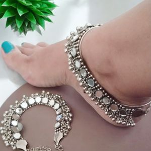 Mirror Work Anklets - Silver Tone