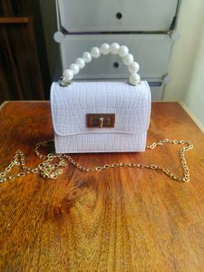 White Croc Textured sling Bag with Pearls