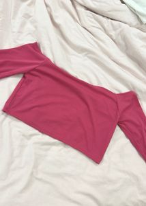 Pink Imported One Shoulder Long Sleeve Crop Top