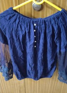 Blue Off-Shoulder Top Lace Sleeves