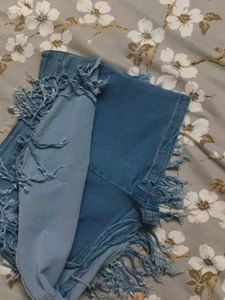 Denim Skirt with Fringe Detail