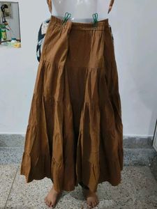 Brown Pleated Flared Maxi Skirt - Free Size