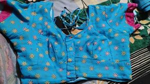 Stunning Blue Floral Saree with Pink Border