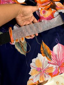 Navy Floral Print Gown with Embellished Belt
