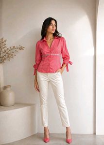 🤍 Chic Coral Embellished Button-Up Blouse