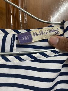 3/4th Sleeves White &amp; Blue Strip Top For Women