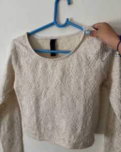 Cream Lace Long Sleeve Cropped Top