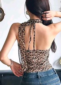 Lepoard print ruffled halter neck top