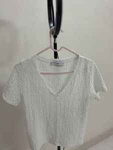 White Textured V-Neck Top