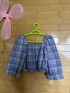 Blue Plaid Square Neck Crop Top