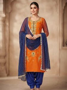 Stunning Orange & Royal Blue Embroidered Salwar Ka