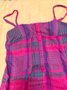 Women's Pink Plaid Spaghetti Strap Kurta