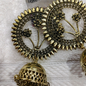 Golden oxidised big size jhumki