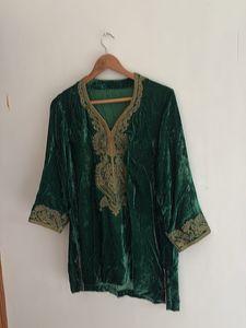 Emerald Green Velvet Kurta with Gold Embroidery
