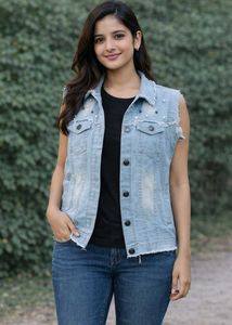 Light Blue Denim Vest with Pearls