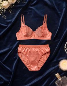 Lace Trimmed Satin Bra &amp; Panty Set