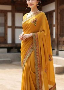 Yellow Embroidered Saree stiched Blouse