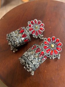 Red &amp; Silver Jhumka Earrings