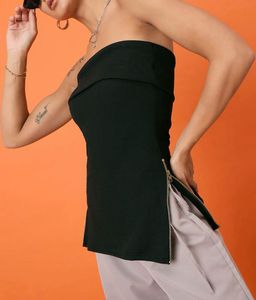 Chic Black Strapless Zipper Top