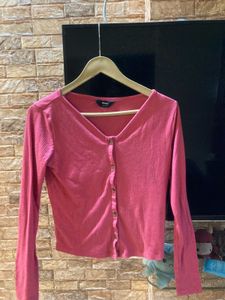 Pink Ribbed Button-Up Crop Top