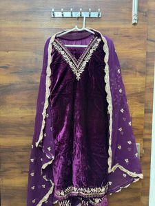 3- Piece Velvet Kurta Set with Embroidery