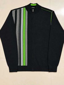 Men's Black Zip-Up Jacket with Green Stripes