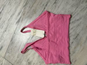 Zara Pink Ribbed V-Neck Crop Top