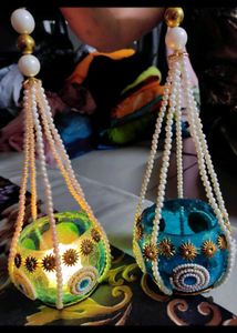 Special Diwali Offer Day🕯️ 🪔 Lamps Glass Bowls Light Blue 💙 And Muti Pulse Moti 🦪 Pearls Hanging