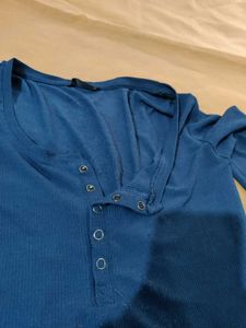 Blue Ribbed Henley Long Sleeve Top