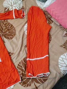 Orange Kurta with White Lace Trim