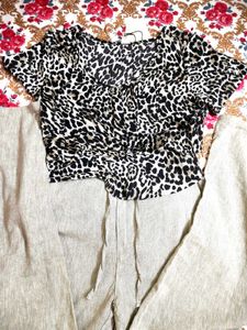 Stylish Leopard Print Tiered top and beige pantset