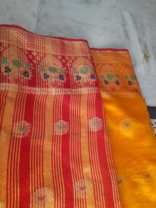 Vibrant Red &amp; Gold Silk Saree. without blouse