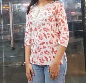 White Kurta with Red Floral Print