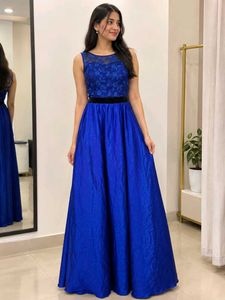 Royal Blue Party Wear Long Gown - Net Embroidered