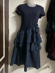 Navy Blue Ruffled Plaid Dress