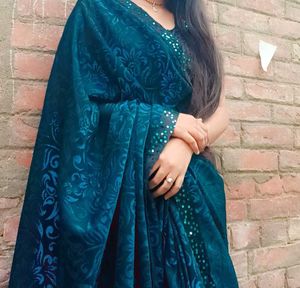 Teal Blue Saree with Embellished Border