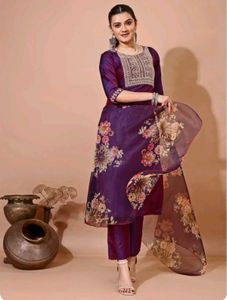 Elegant Purple Floral Kurti pant dupatta Set