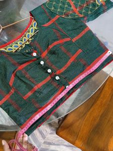 Dark Green &amp; Red Checkered Embroidered Silk Blouse