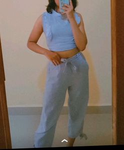 Cute Co Ord Crop Top And Cute Pant White Colour And Light Blue Strips ♥️
