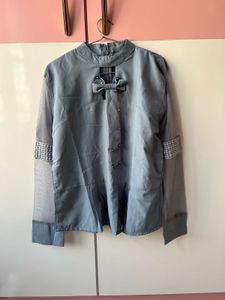 Elegant Gray Tie-Neck Blouse