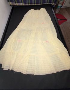 Cream Tiered Cottagecore Skirt with Pink Bow