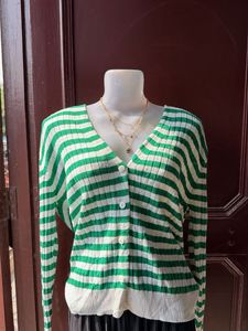 Green & White Striped Cardigan