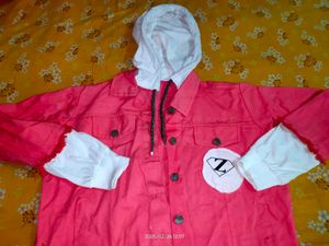 Stylish Coral Denim Jacket with White Hoodie Detai