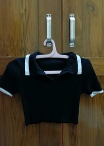 Black Cropped Polo Top