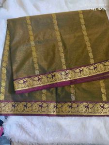 Elegant Olive Green Saree with Gold Border