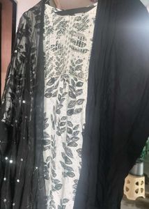 white kurta Elegant Black Sequined Dupatta nd plaz