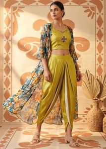 Chic Yellow Dhoti Suit with Floral Jacket