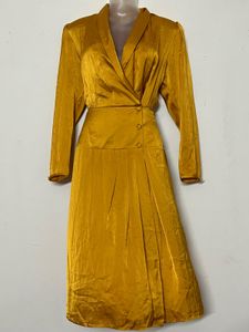 Pintresty Mustard Yellow Satin Wrap Dress