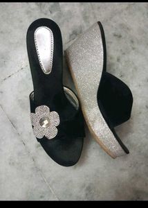 Black Flower Wedges Heels Good Condition