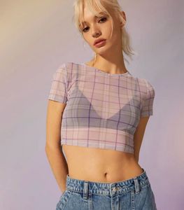 Sheer Plaid Purple Mesh Top